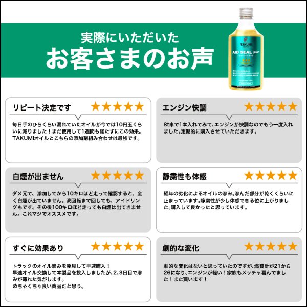 画像16: エンジンオイル添加剤 漏れ防止添加剤 オイル漏れ予防添加剤 エンジン内部洗浄 多走行車 ガソリン車 ディーゼル車 オイル上がり下がり TAKUMIモーターオイル AID SEAL+1 (16)