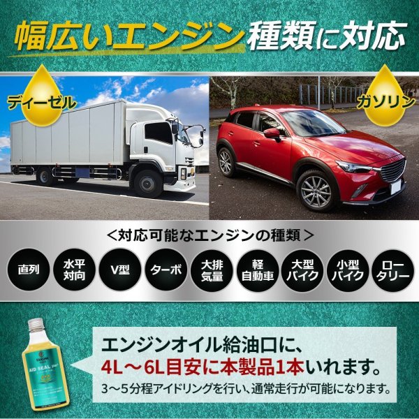 画像6: エンジンオイル添加剤 漏れ防止添加剤 オイル漏れ予防添加剤 エンジン内部洗浄 多走行車 ガソリン車 ディーゼル車 オイル上がり下がり TAKUMIモーターオイル AID SEAL+1 (6)