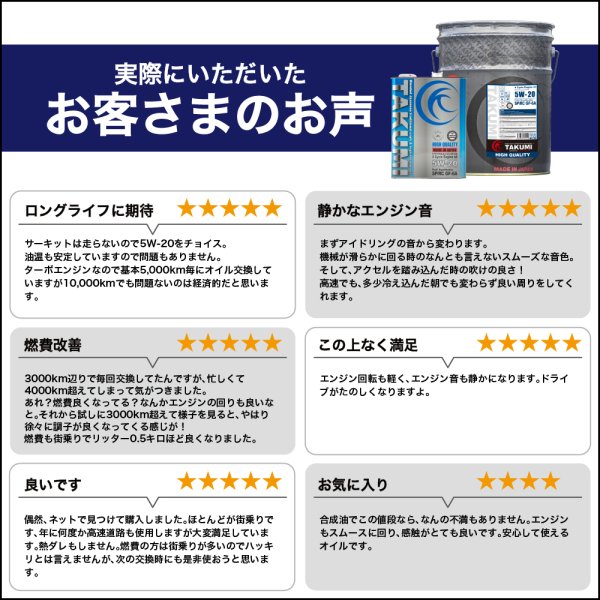 画像6: エンジンオイル 5W-20 20L SP/RC GF-6 ガソリン車 化学合成油 合成油 HIVI API取得 自動車用エンジンオイル TAKUMIモーターオイル 送料無料 HIGH QUALITY 5W-20 (6)