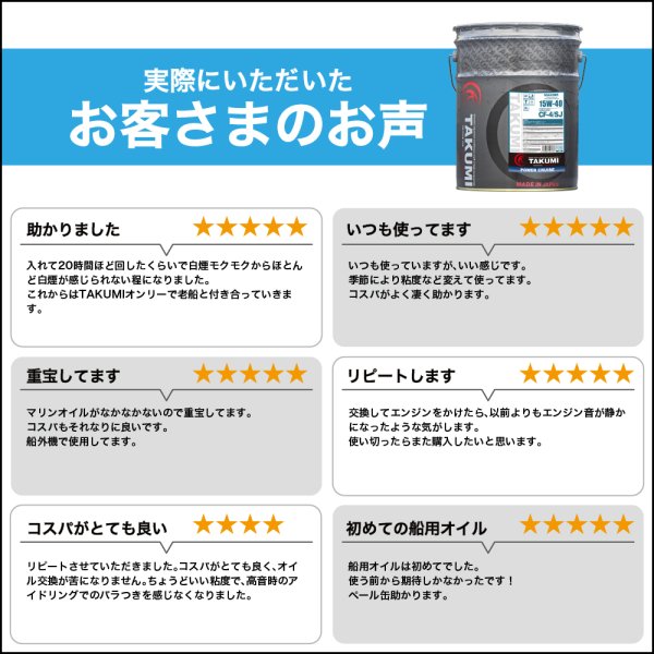 画像7: 船舶オイル 船用オイル マリンオイル 20L 15W-40 鉱物油 MINERAL プレジャーボート マリンジェット 船外機 送料無料 TAKUMIモーターオイル MARINE 15W-40 (7)