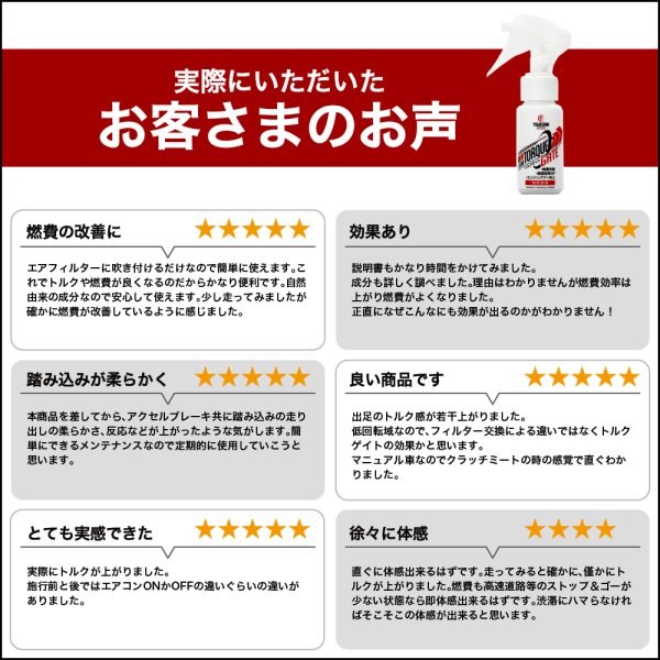 画像16: トルクゲイト トルクアップ 燃費改善 エアフィルター 燃焼効率改善スプレー 特許取得済み 自動車 二輪 1本スプレーするだけ 自然由来の安全成分使用 効果実感 有害ガス減少 ガソリン ディーゼル ハイブリッド クリーンディーゼル 遅効性 トルクゲイト (16)