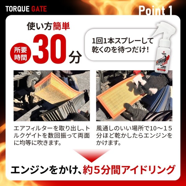 画像9: トルクゲイト トルクアップ 燃費改善 エアフィルター 燃焼効率改善スプレー 特許取得済み 自動車 二輪 1本スプレーするだけ 自然由来の安全成分使用 効果実感 有害ガス減少 ガソリン ディーゼル ハイブリッド クリーンディーゼル 遅効性 トルクゲイト (9)