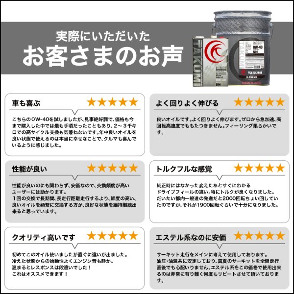 画像7: エンジンオイル 0W-40 4L ガソリン車 化学合成油 エンジンオイル 4輪 PAO エステル レーシング サーキット TAKUMIモーターオイル 送料無料 X-TREME 0W-40 (7)