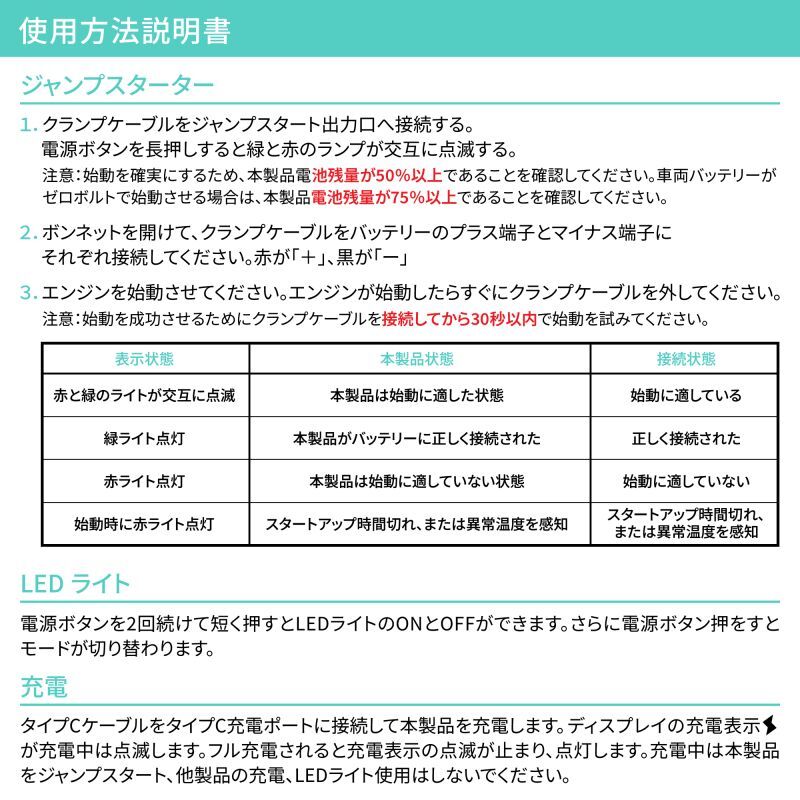 使用方法説明書、ジャンプスターター、エンジンスターター、モバイルバッテリー大容量