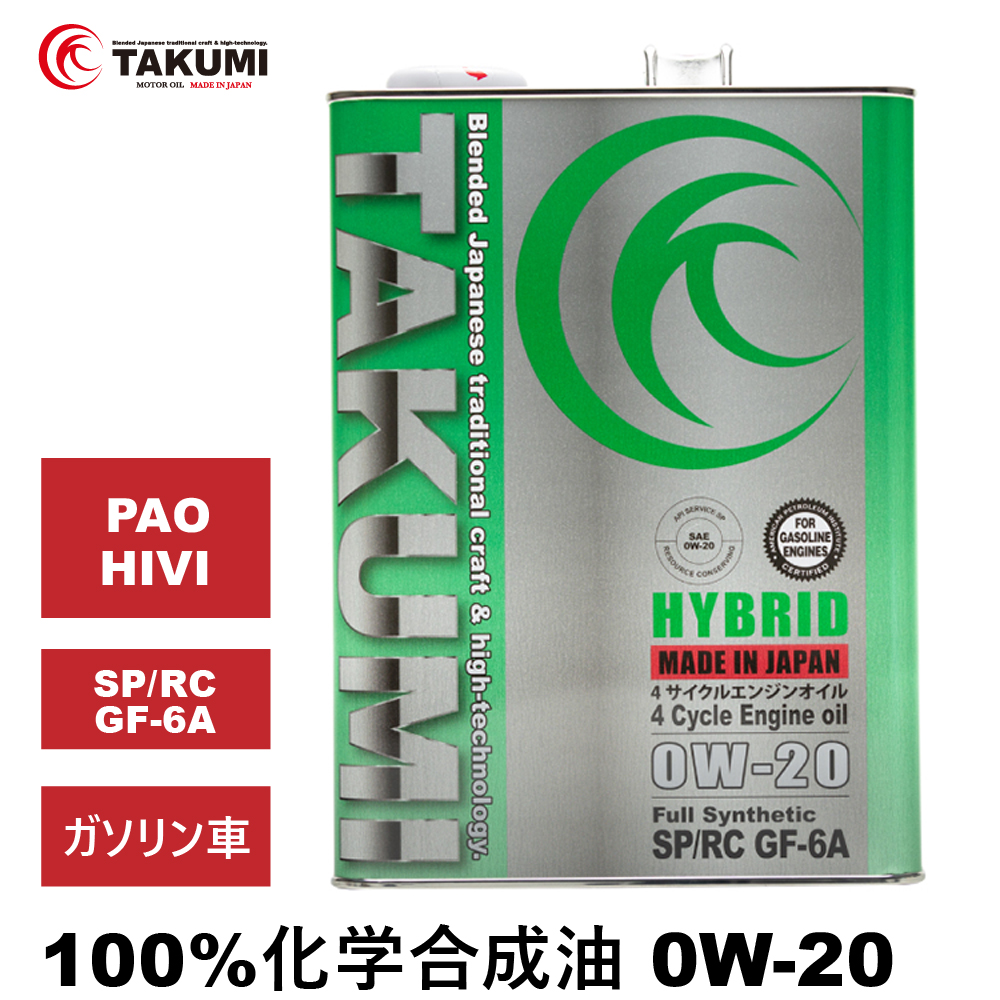 エンジンオイル 0W-20 4L SP/RC GF-6A ガソリン車 化学合成油 API規格 TAKUMIモーターオイル 自動車用エンジンオイル 4輪 エンジンオイル 送料無料 HYBRID0W-20