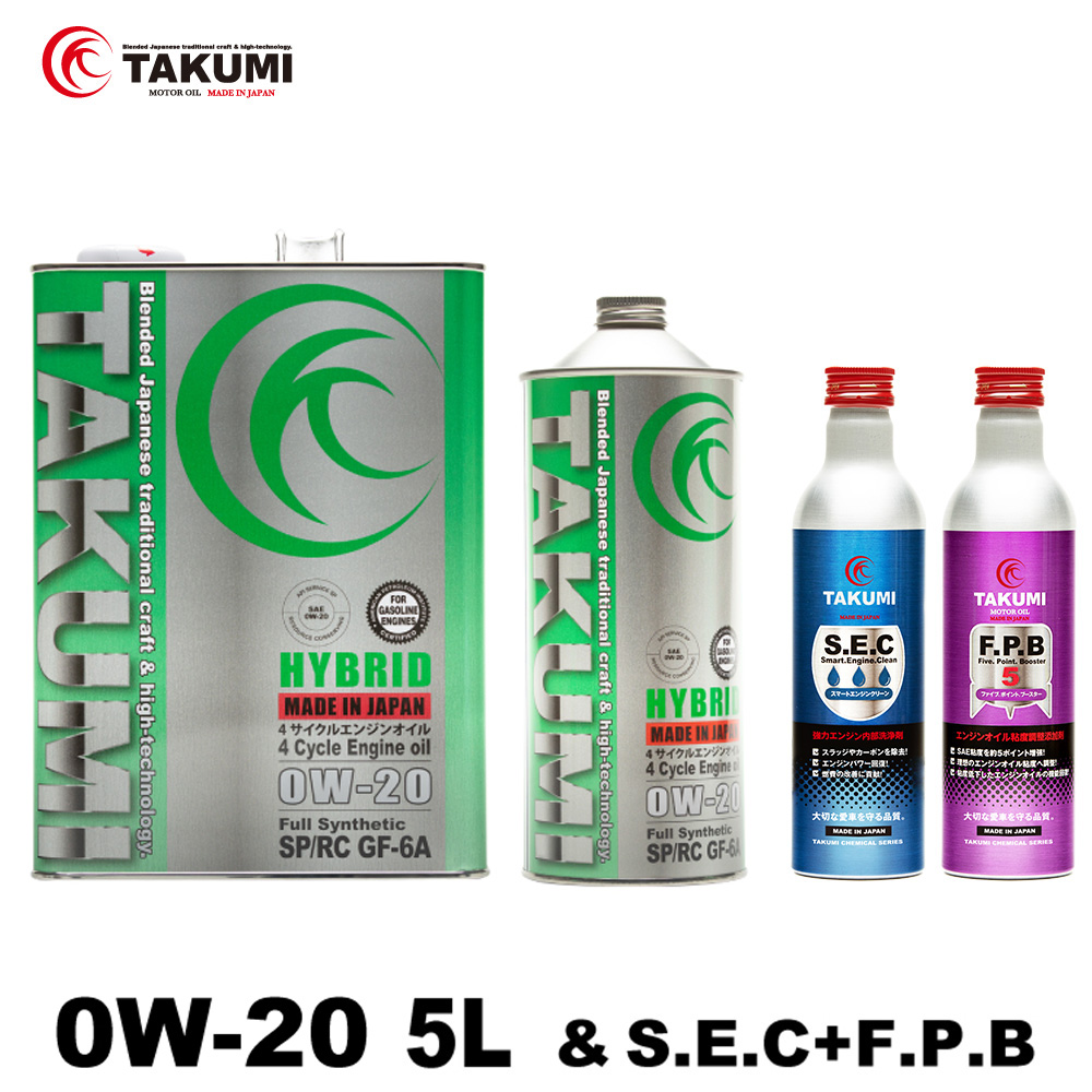 エンジンオイル 0W-20 5L+添加剤セット SP/RC GF-6A ガソリン車 化学合成油 API規格 TAKUMIモーターオイル 自動車用エンジンオイル 4輪 エンジンオイル 送料無料 HYBRID0W-20